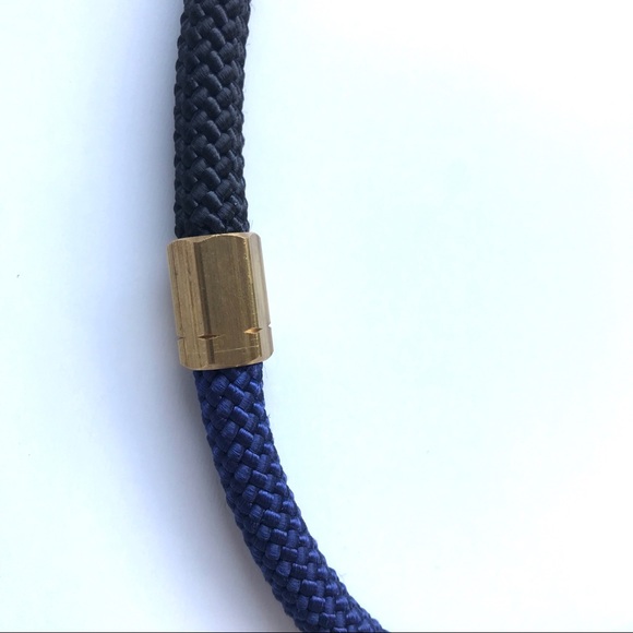 Black + navy blue statement necklace with hexagonal brass pieces - Picture 3 of 4